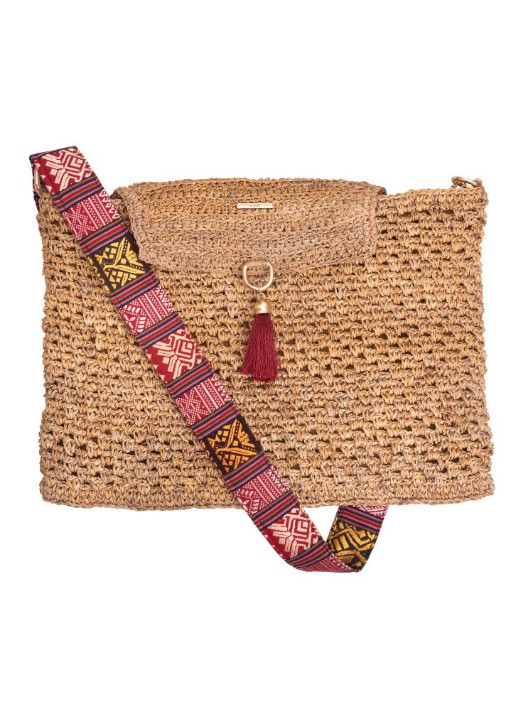 Woodland Weave: Woven Banana Bark Laptop Messenger Bag- Maroon