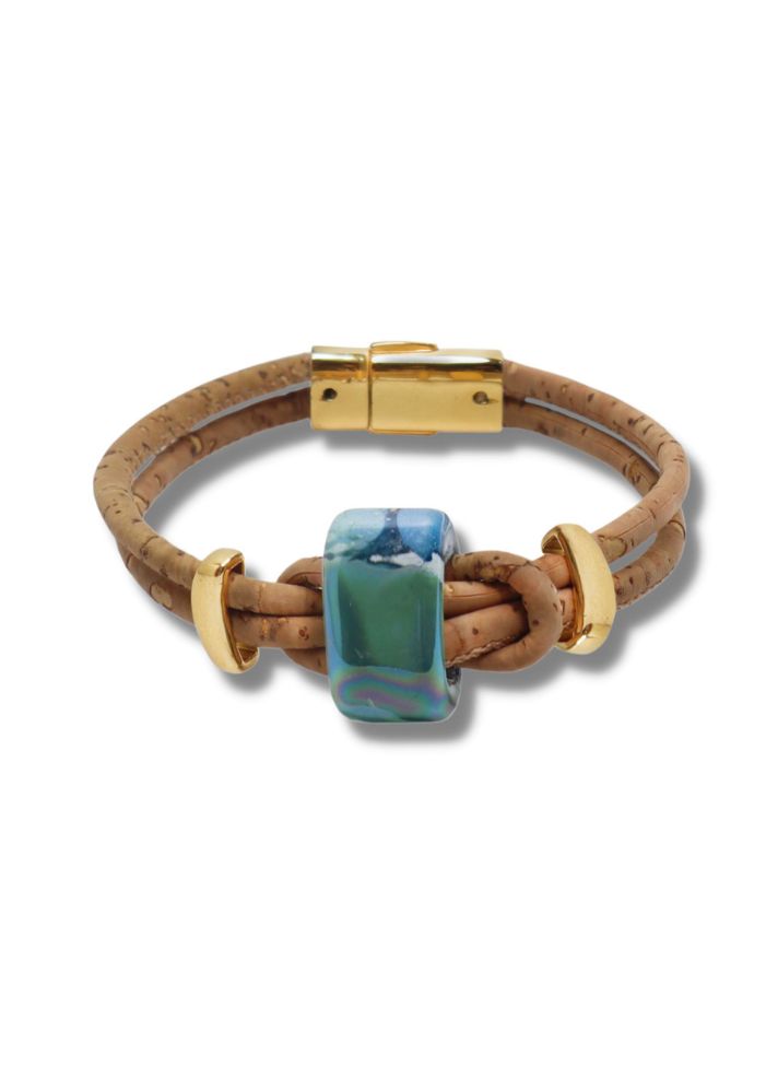 Nothern Light Vegan Bracelet In Cork And Ceramic Beads- Gold