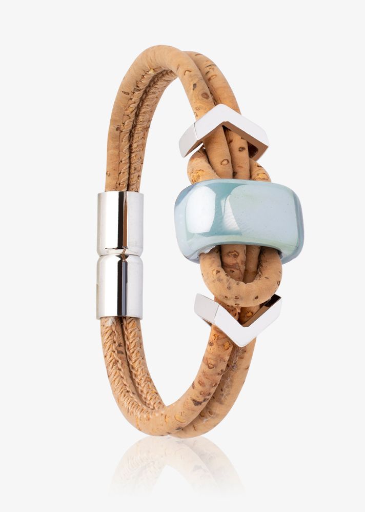 Nothern Light Vegan Bracelet In Cork And Ceramic Beads- Silver