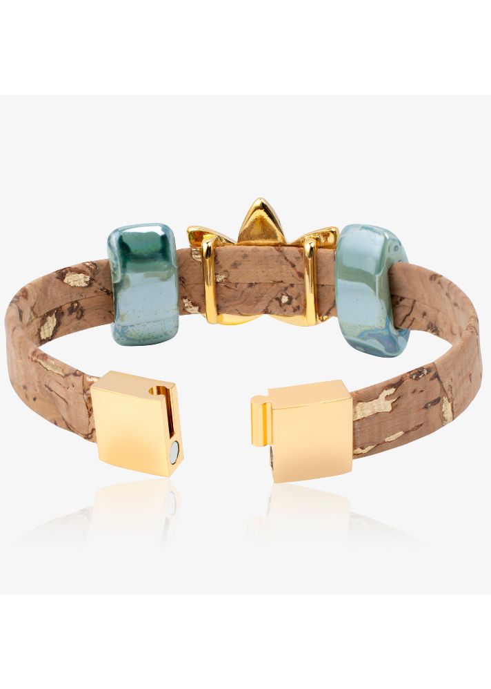 A Model Wearing Multicolor Cork Sacred Lotus Bracelet In Porcelain Ceramic And Cork, curated by Only Ethikal
