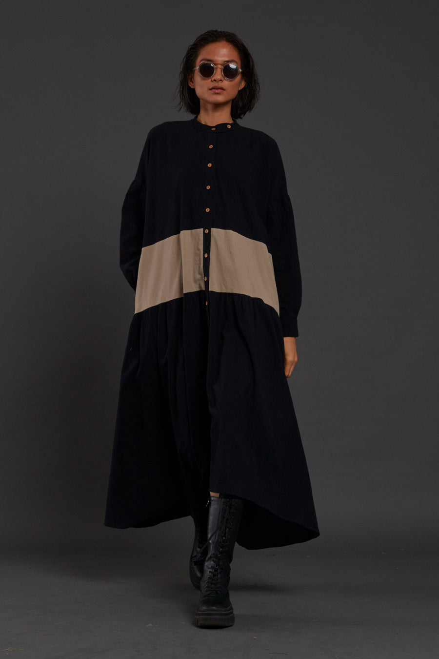 A Model Wearing Black Pure Cotton Black & Beige Band Dress, curated by Only Ethikal