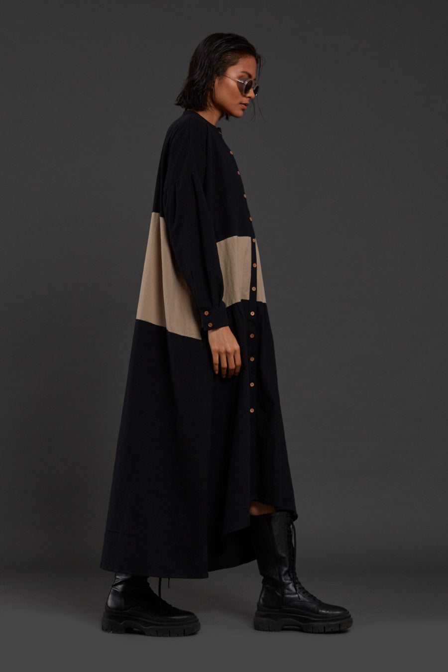 A Model Wearing Black Pure Cotton Black & Beige Band Dress, curated by Only Ethikal