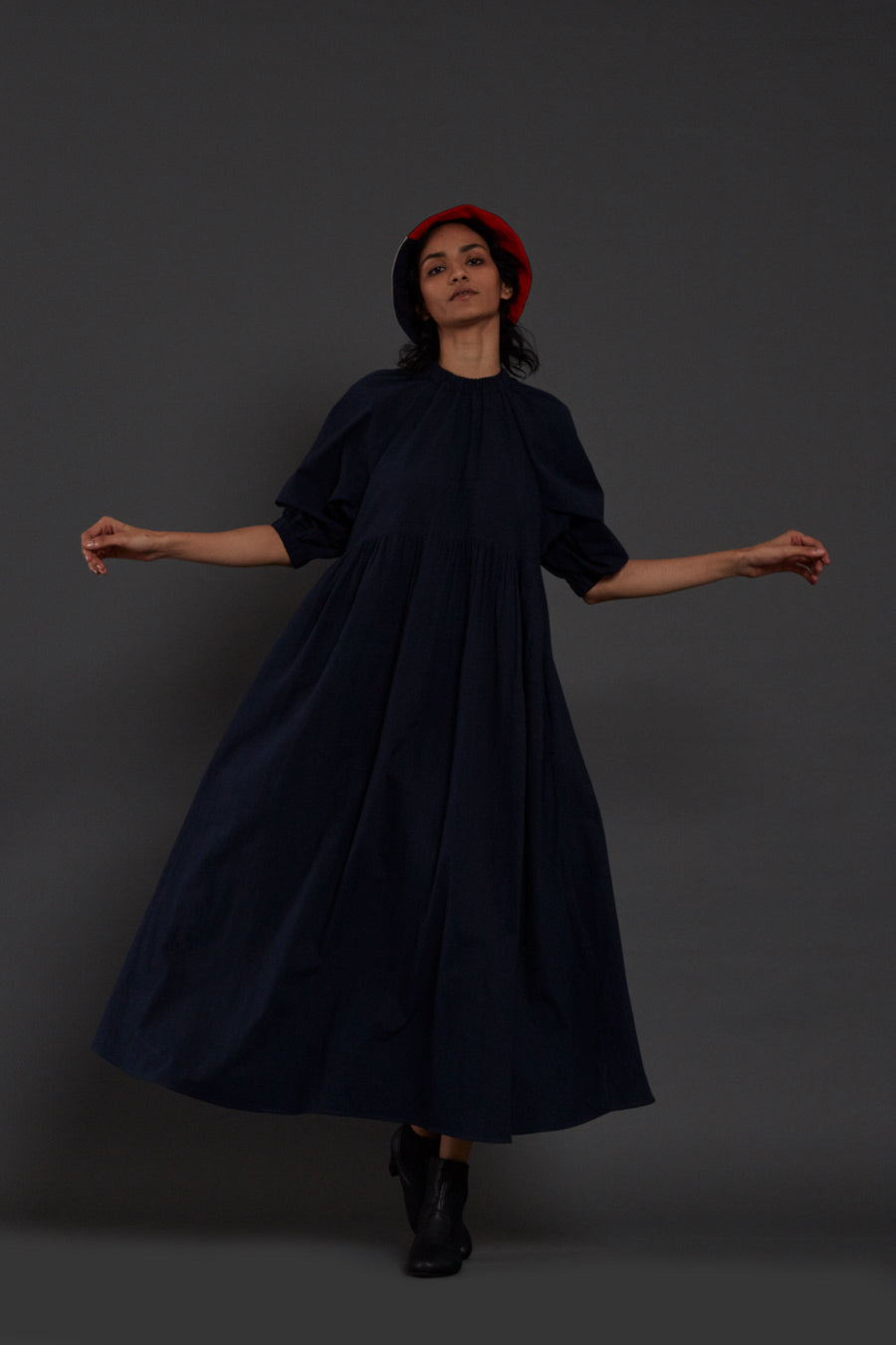 A Model Wearing Blue Pure Cotton Navy Blue Raglan Dress, curated by Only Ethikal