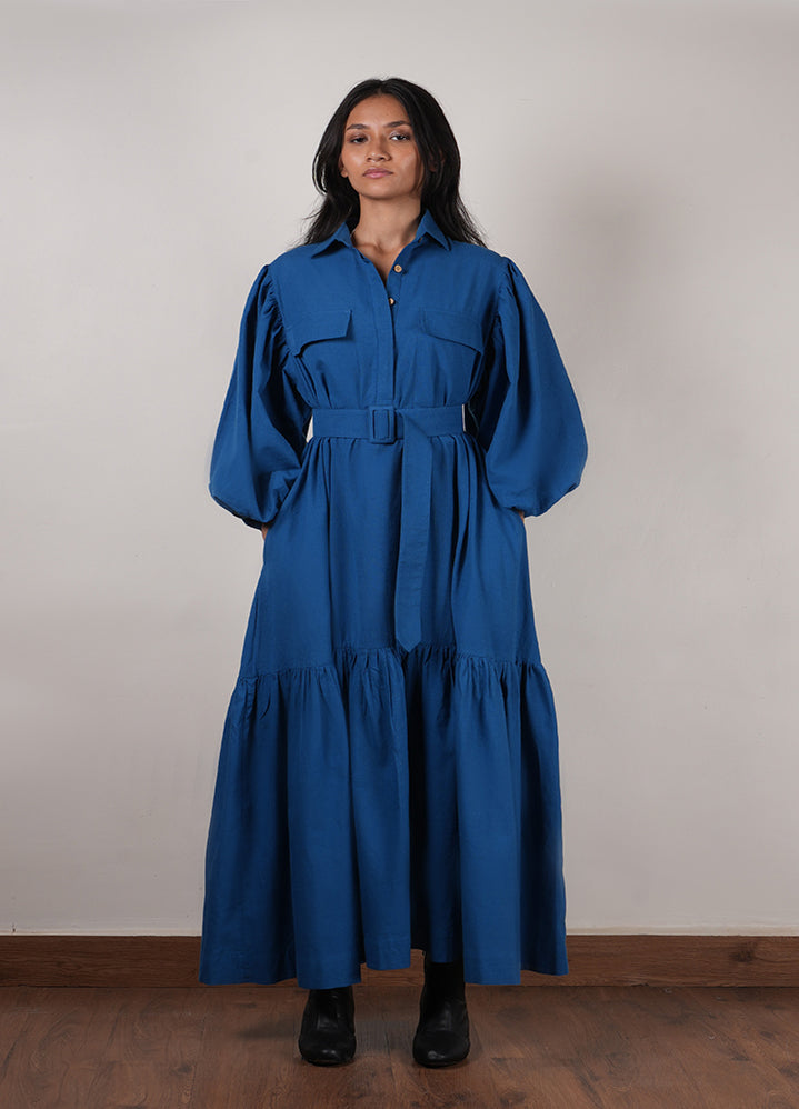 A Model Wearing Blue Organic Cotton  Kaavya Dress, curated by Only Ethikal