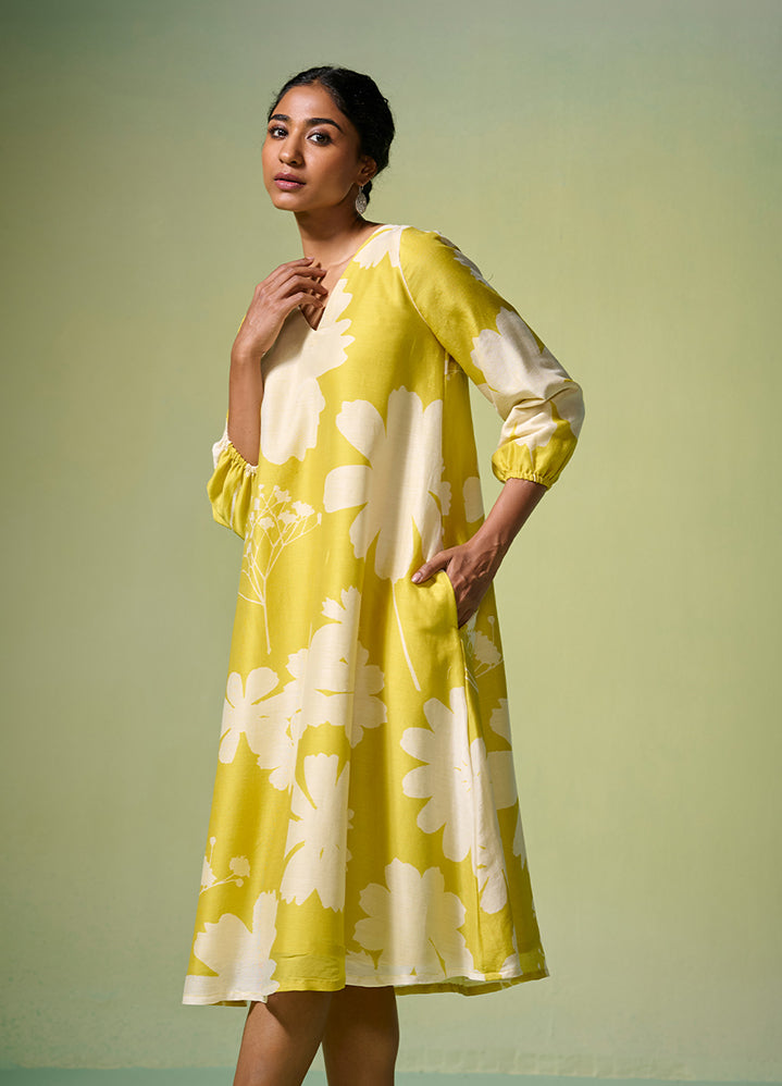 Chanderi Lime Yellow Floral Pattern Dress