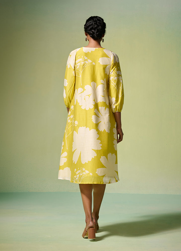 Chanderi Lime Yellow Floral Pattern Dress