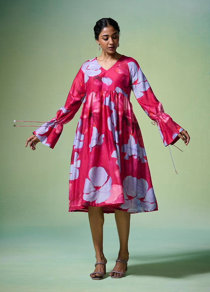 A Model Wearing Pink Chanderi Chanderi Deep Pink Floral Pattern Dress, curated by Only Ethikal