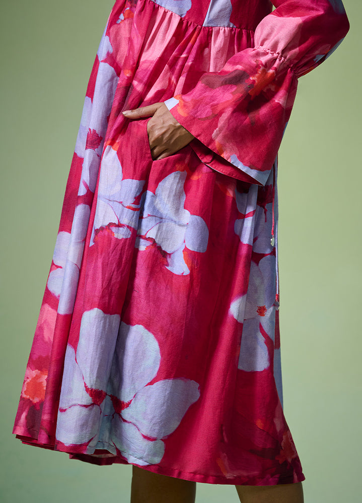 Chanderi Deep Pink Floral Pattern Dress