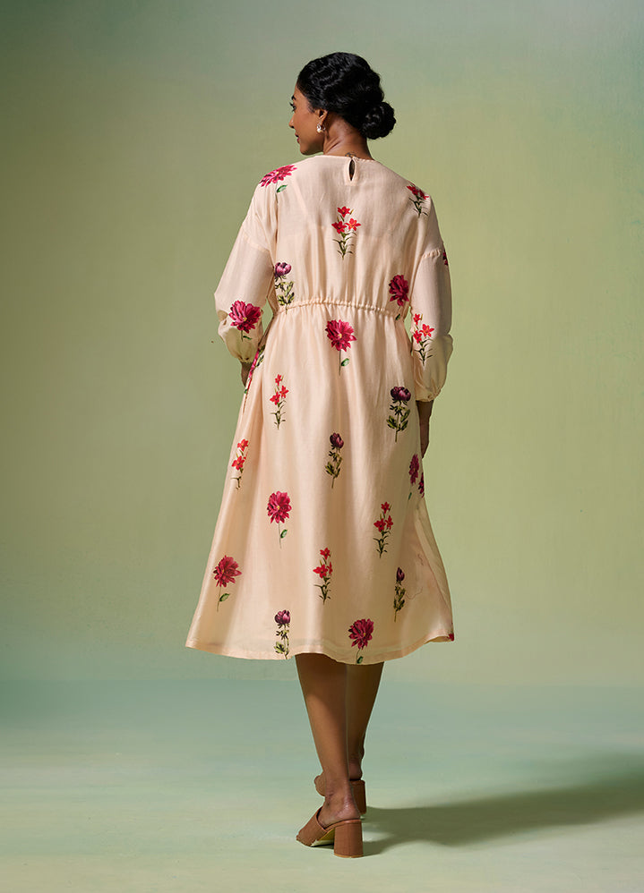 Chanderi Beige Floral Dress