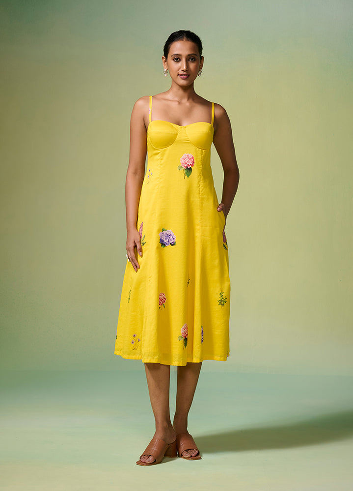 A Model Wearing Yellow Chanderi Chanderi Yellow Floral Pattern Dress, curated by Only Ethikal