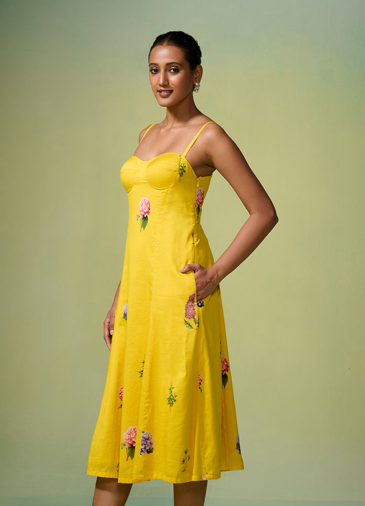 Chanderi Yellow Floral Pattern Dress