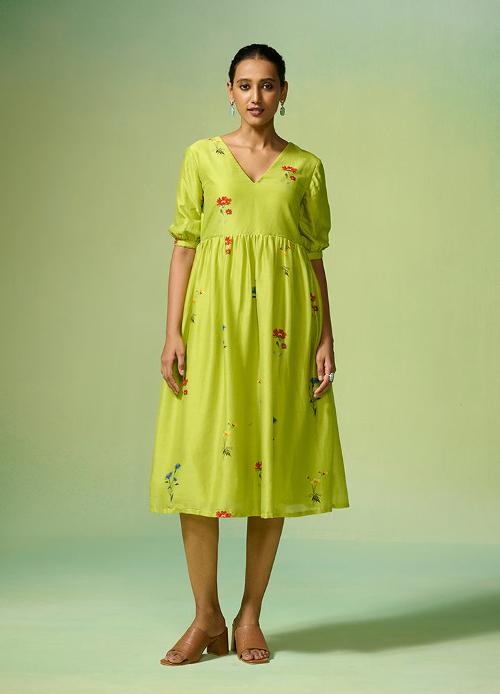 A Model Wearing Green Chanderi Chanderi Lime Green Floral Pattern Dress, curated by Only Ethikal