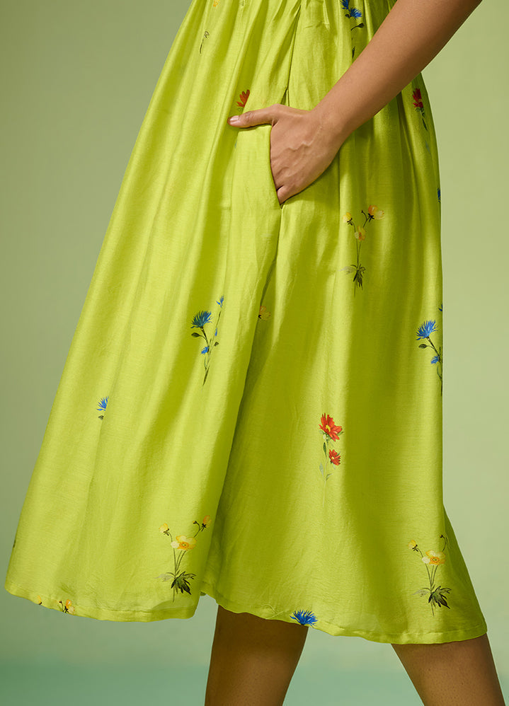 Chanderi Lime Green Floral Pattern Dress