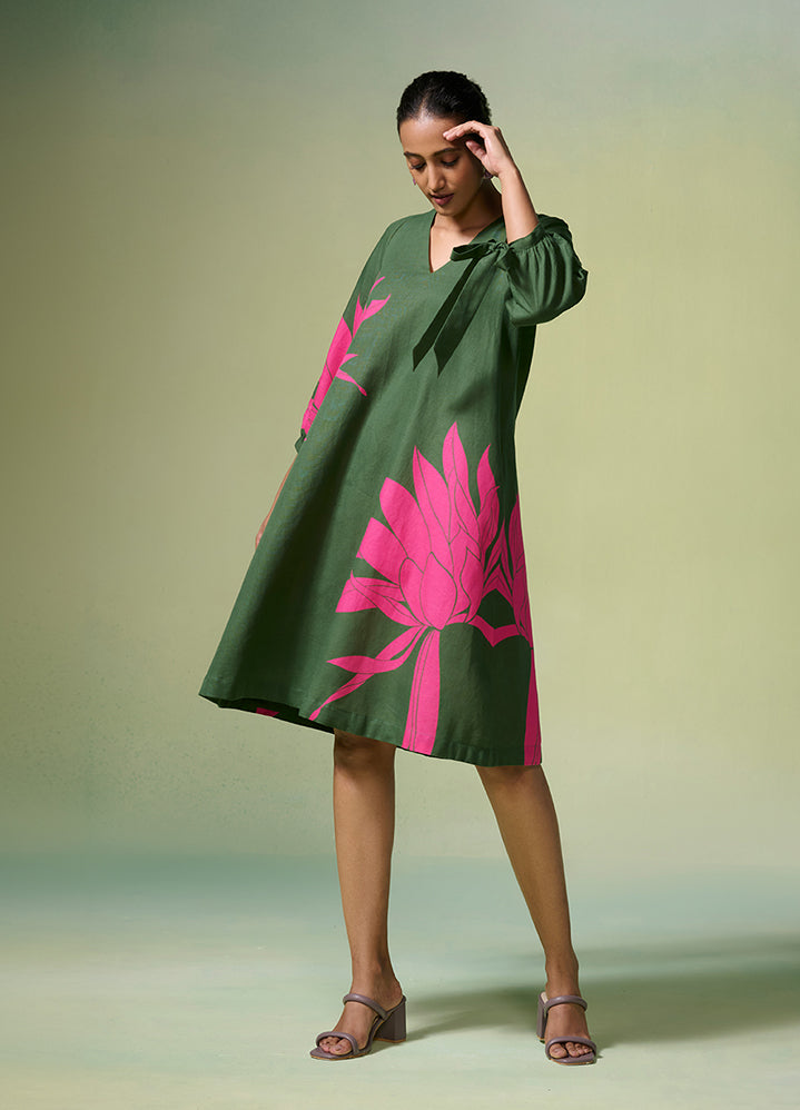 A Model Wearing Green Linen- Cotton Linen Dark Green Floral Pattern Dress, curated by Only Ethikal