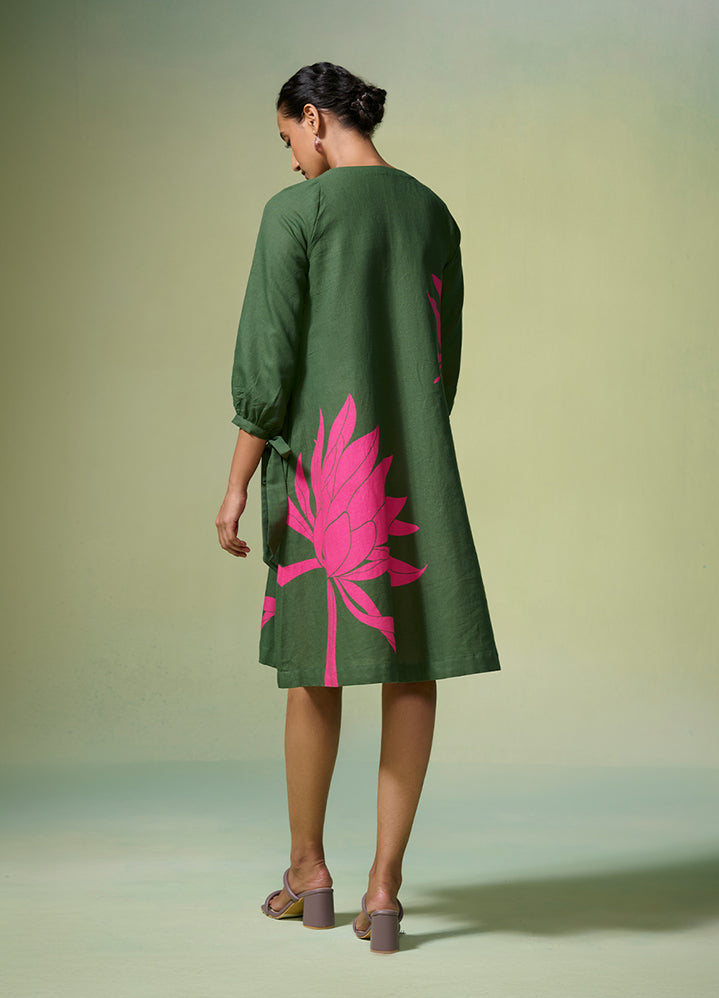 Linen Dark Green Floral Pattern Dress