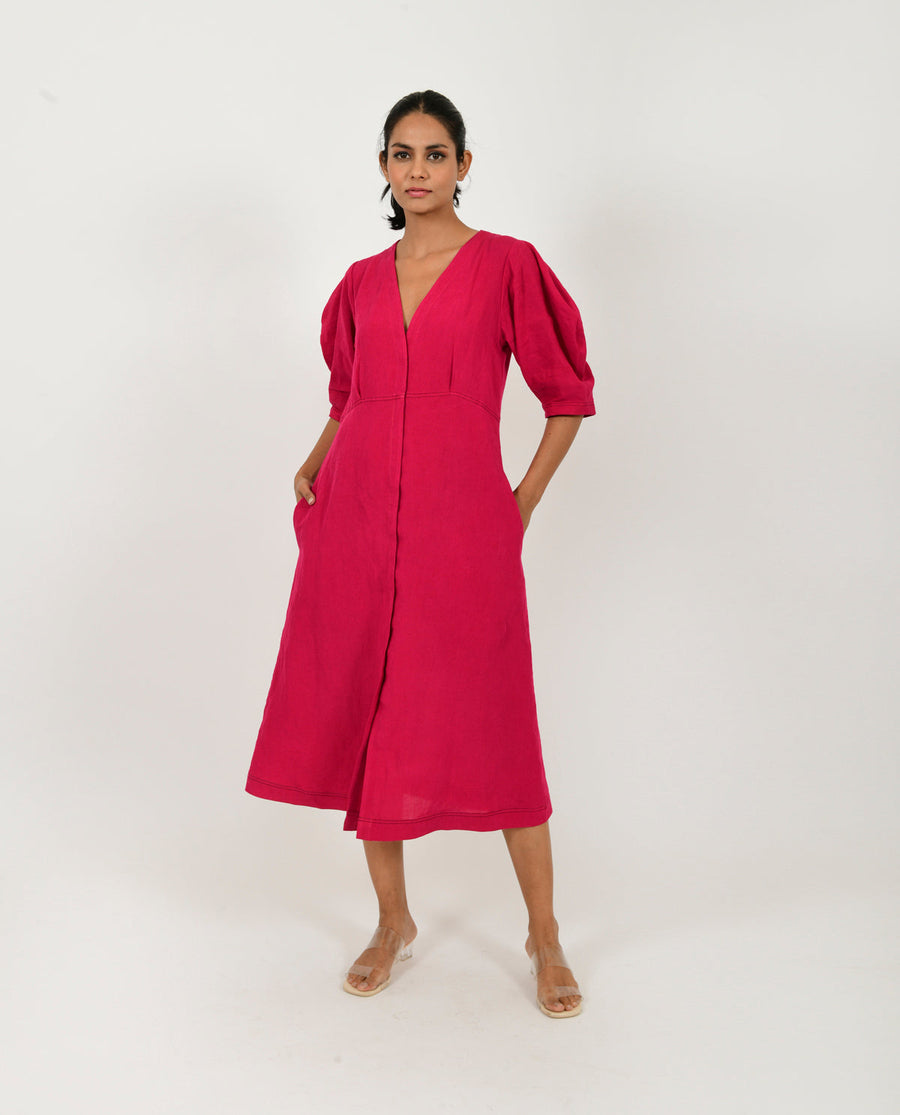 A Model Wearing Pink Organic Cotton Viva Magenta Linen Bell Dress , curated by Only Ethikal