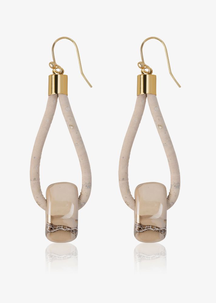A Model Wearing White Cork Iced Mountain Earrings In Cork & Ceramic, curated by Only Ethikal