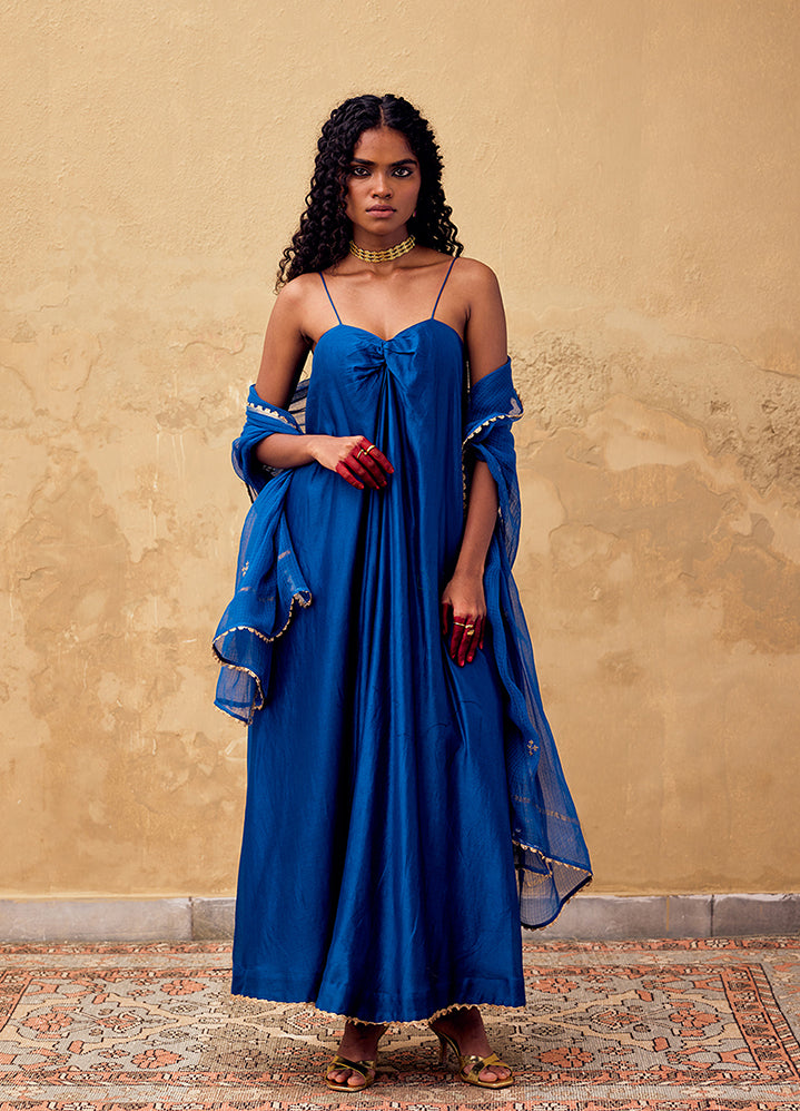 A Model Wearing Blue Chanderi Silk Morni Dress With Dupatta, curated by Only Ethikal