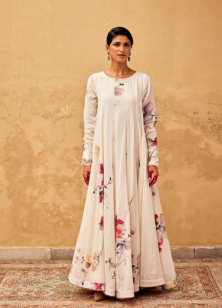 A Model Wearing Off White Cotton Mul Gulbahar Dress, curated by Only Ethikal