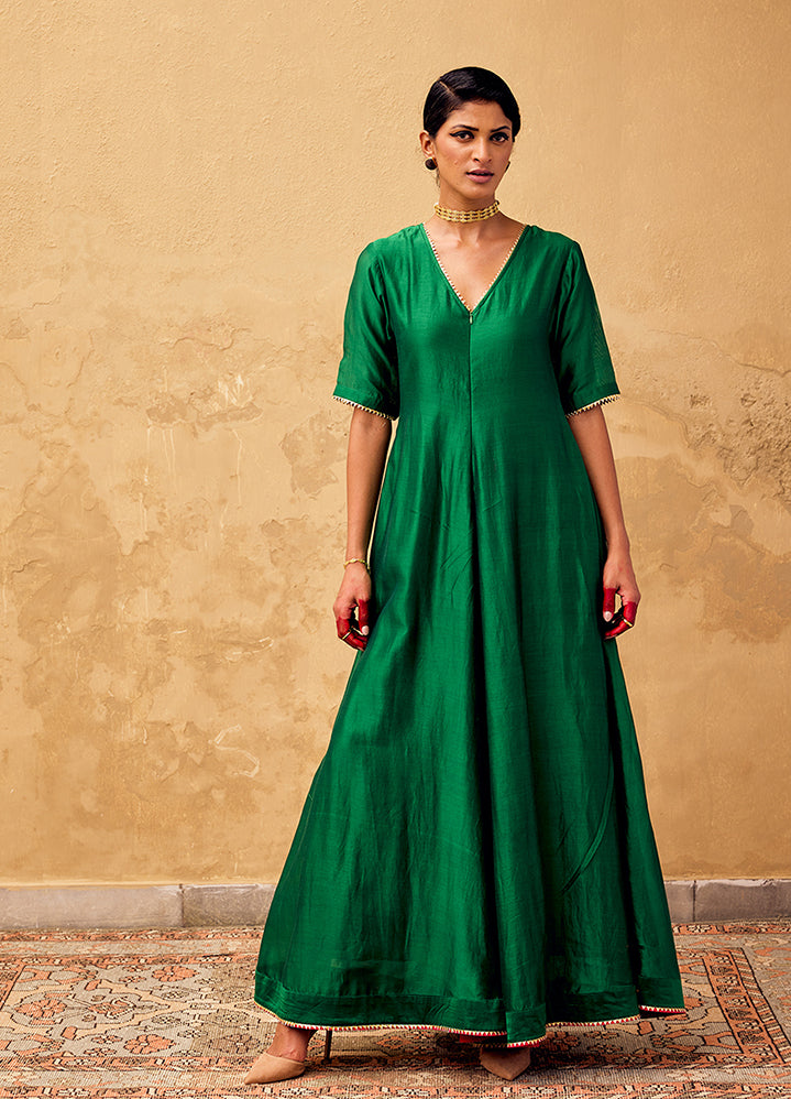 A Model Wearing Green Chanderi Silk Gulzar Jumpsuit, curated by Only Ethikal