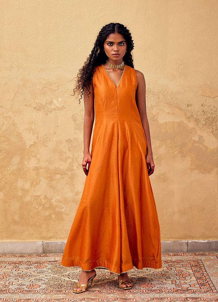 A Model Wearing Orange  Chanderi Silk Kesar Jumpsuit, curated by Only Ethikal