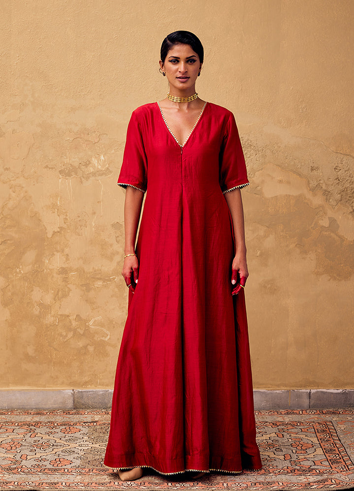 A Model Wearing Red Chanderi Silk Jashn Jumpsuit, curated by Only Ethikal