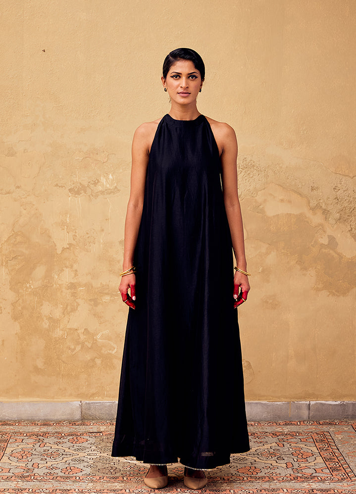 A Model Wearing Black  Chanderi Silk Shahi Gown Dress, curated by Only Ethikal