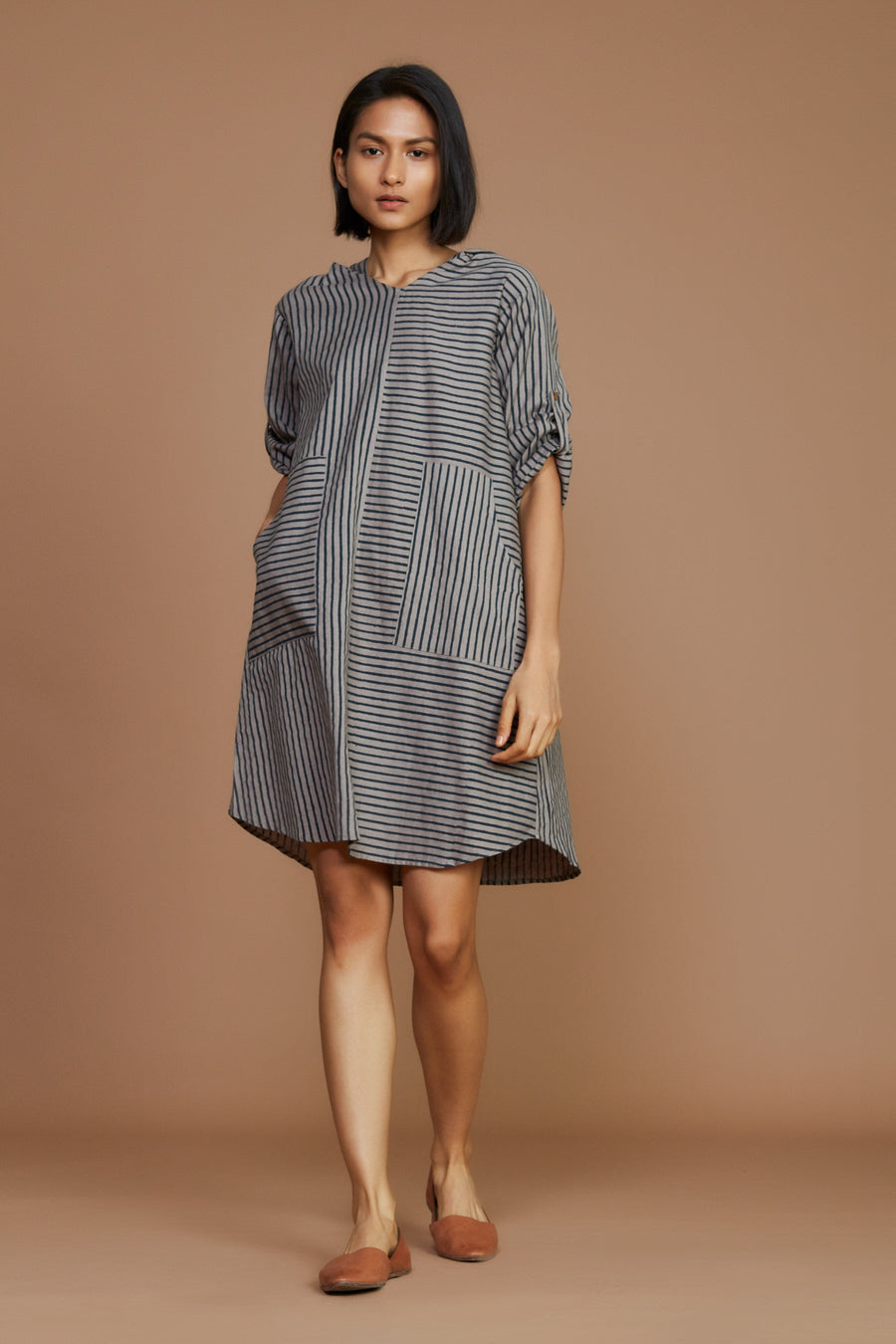 Ready To Ship- Grey With Charcoal Striped Hooded Dress