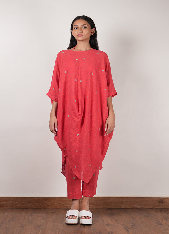 A Model Wearing Green Organic Cotton Mati Coral Cowl Tunic Set With Khaki Embroidery  , curated by Only Ethikal