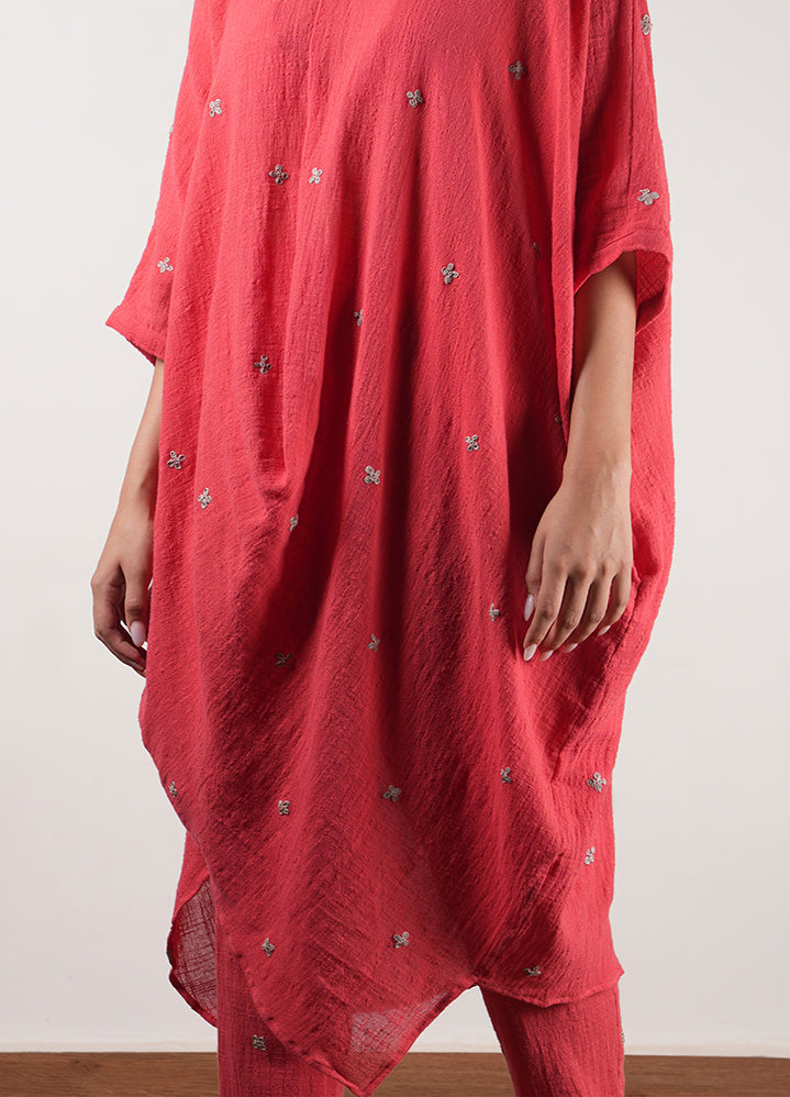 Mati Coral Cowl Tunic Set with Khaki Embroidery