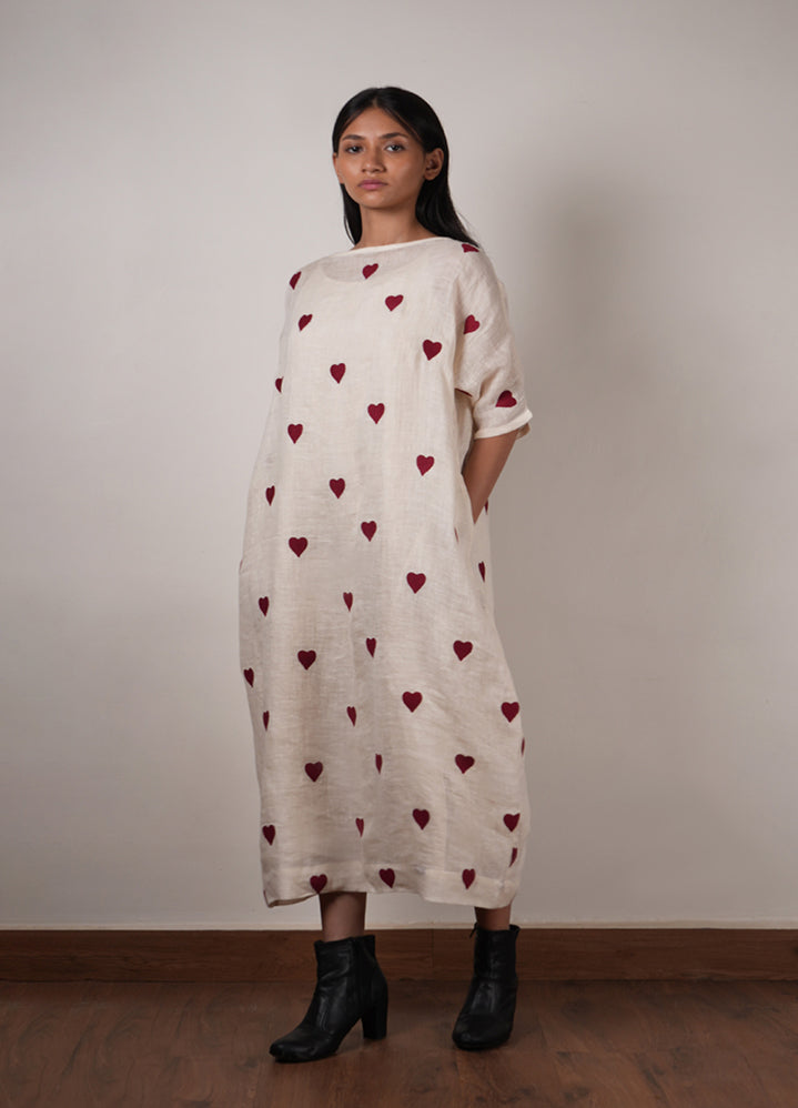 A Model Wearing Multicolor Linen Mati Heart Dress-Oatmeal, curated by Only Ethikal