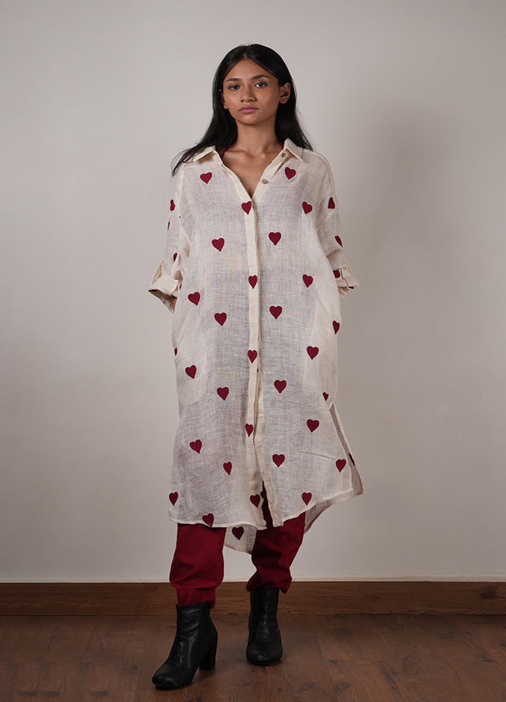 A Model Wearing Pink Linen Mati Heart Shirt-Oatmeal, curated by Only Ethikal