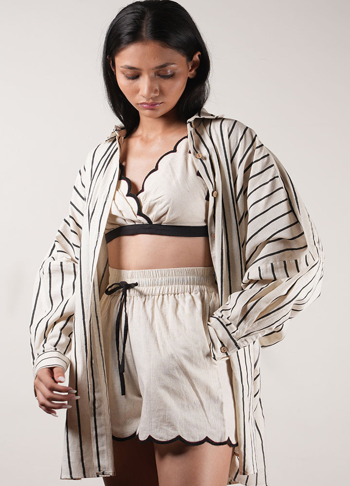 Mati Oversized Striped Shirt Set-Oatmeal