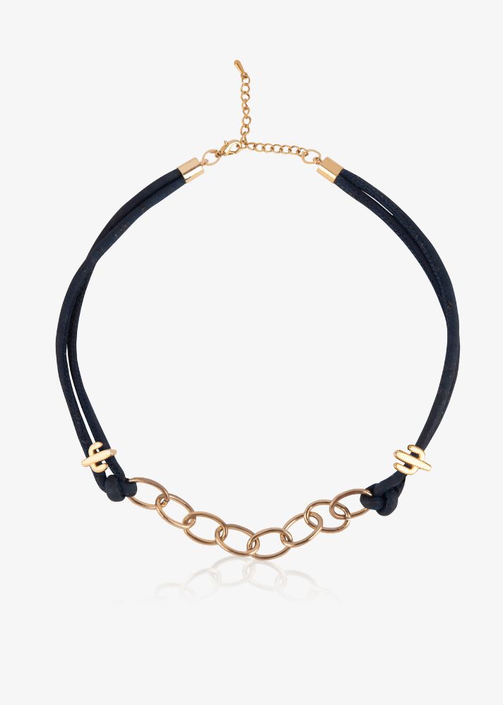 A Model Wearing Blue Cork Arizona Bold Gold Necklace In Navy Blue, curated by Only Ethikal