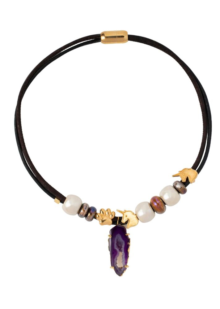 Forest Ceramic Necklace With 18K Gold Unicorn And Paw Accents