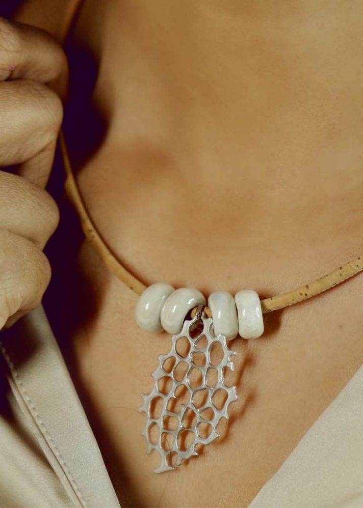 A Model Wearing Beige Cork Honeycomb Necklace, curated by Only Ethikal