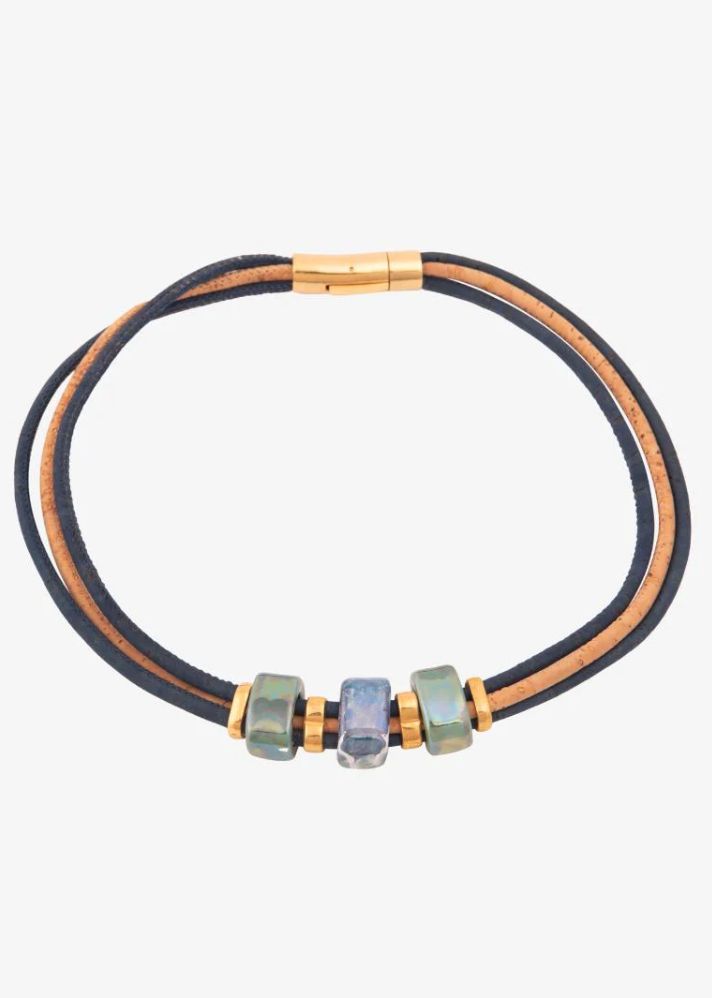 A Model Wearing Multicolor Cork Northern Lights Cork Necklace In Porcelain Ceramic, curated by Only Ethikal