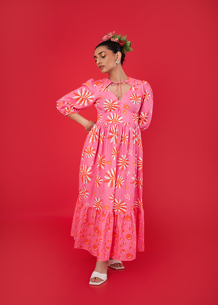 A Model Wearing Multicolor Cotton Peony Maxi Dress, curated by Only Ethikal