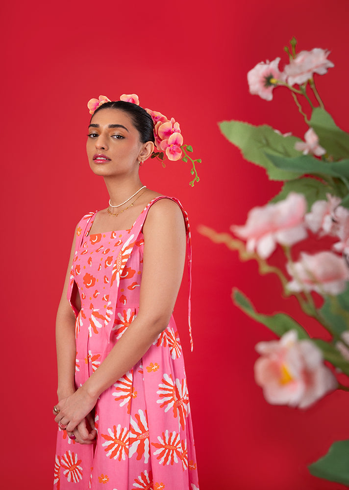 A Model Wearing Multicolor Cotton Peony Strappy Dress, curated by Only Ethikal