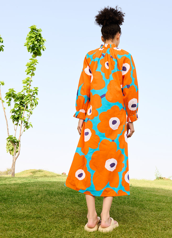 A Model Wearing Multicolor Linen Cotton Orange Mekko Daisy Dress, curated by Only Ethikal