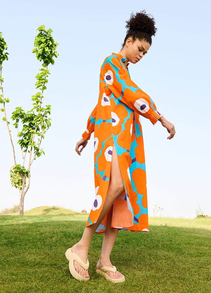 A Model Wearing Multicolor Linen Cotton Orange Mekko Daisy Dress, curated by Only Ethikal