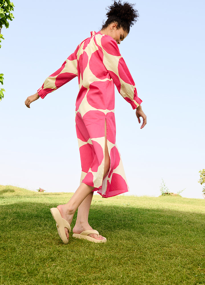 A Model Wearing Multicolor Linen Cotton Polka Pinkdaisy Dress, curated by Only Ethikal