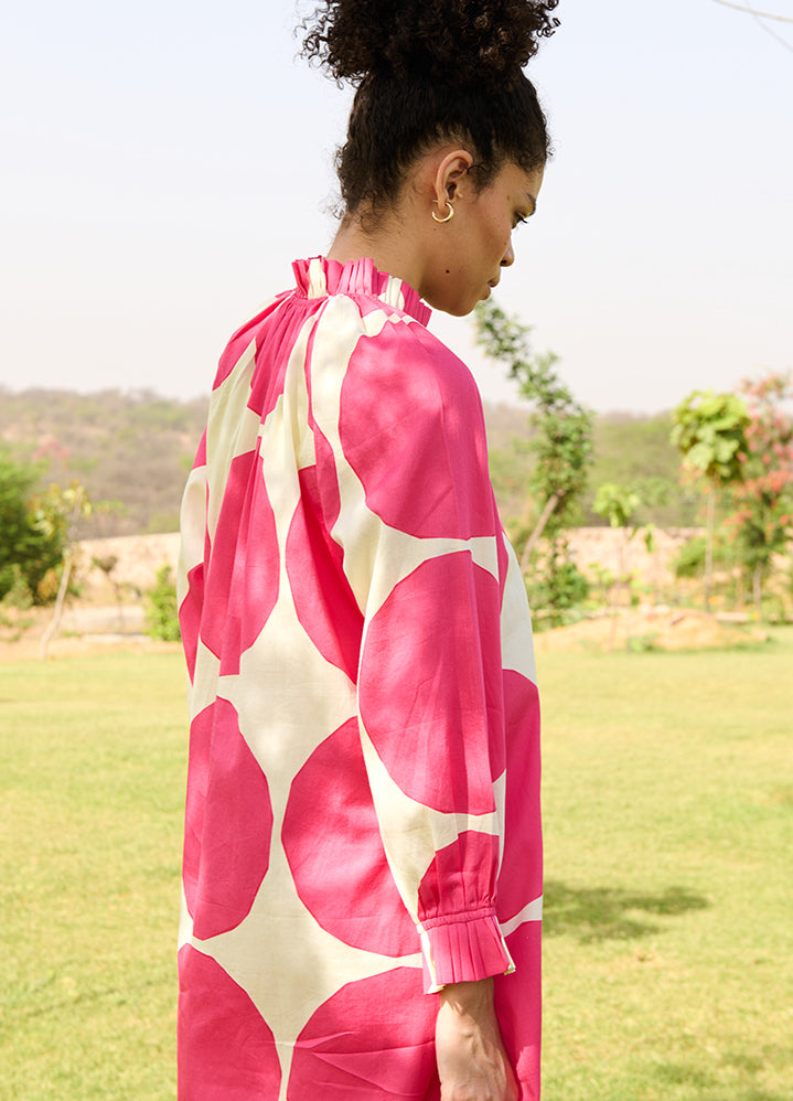 A Model Wearing Multicolor Linen Cotton Polka Pinkdaisy Dress, curated by Only Ethikal