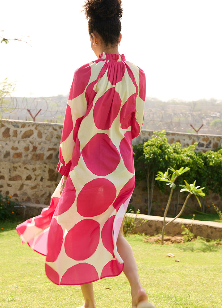 A Model Wearing Multicolor Linen Cotton Polka Pinkdaisy Dress, curated by Only Ethikal