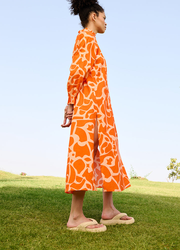 A Model Wearing Multicolor Linen Cotton Deconstructed Orangedaisy Dress, curated by Only Ethikal