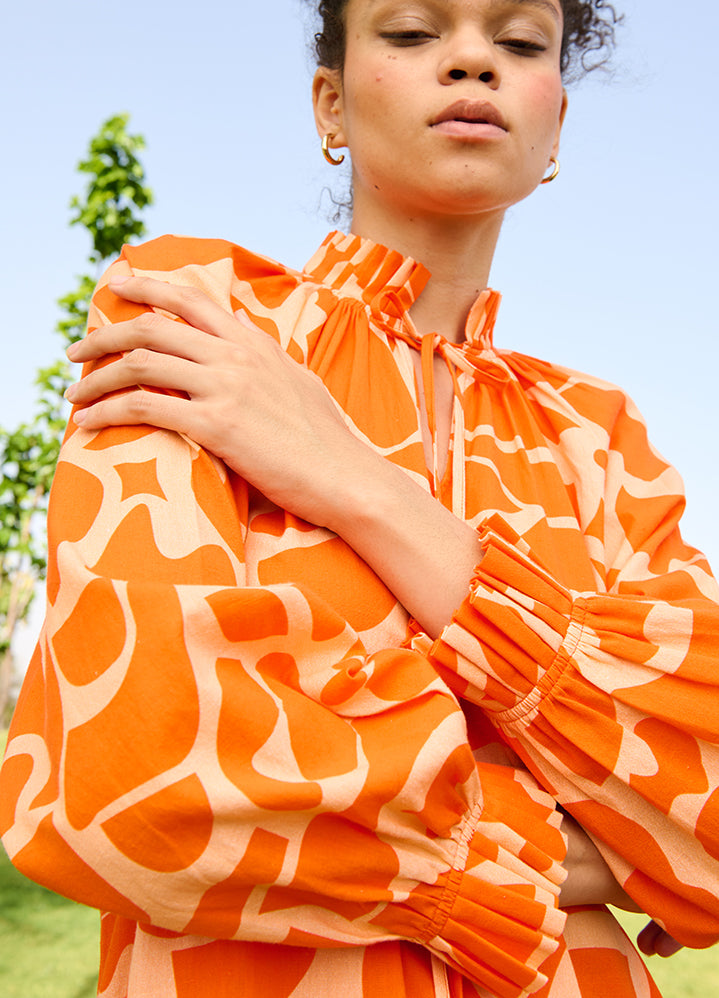 A Model Wearing Multicolor Linen Cotton Deconstructed Orangedaisy Dress, curated by Only Ethikal