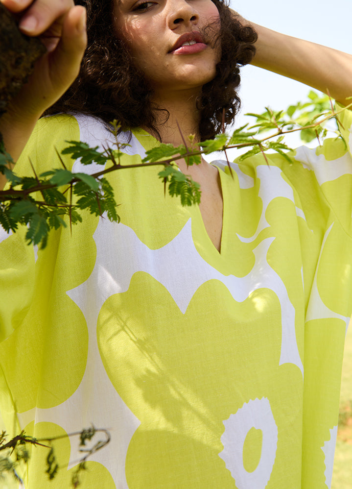 A Model Wearing Multicolor Linen Cotton Lemon Mekkomarie Dress, curated by Only Ethikal