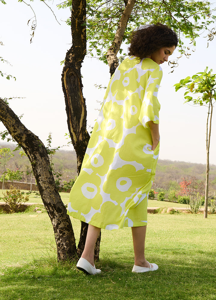 A Model Wearing Multicolor Linen Cotton Lemon Mekkomarie Dress, curated by Only Ethikal