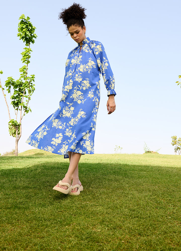 A Model Wearing Multicolor Linen Cotton Floral Skydaisy Dress, curated by Only Ethikal