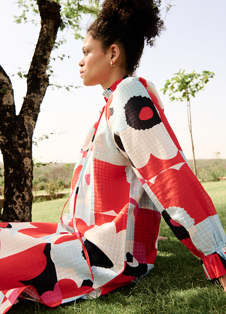 A Model Wearing Multicolor Linen Cotton Pixel Mekko (Sky & Red)Daisy Dress, curated by Only Ethikal